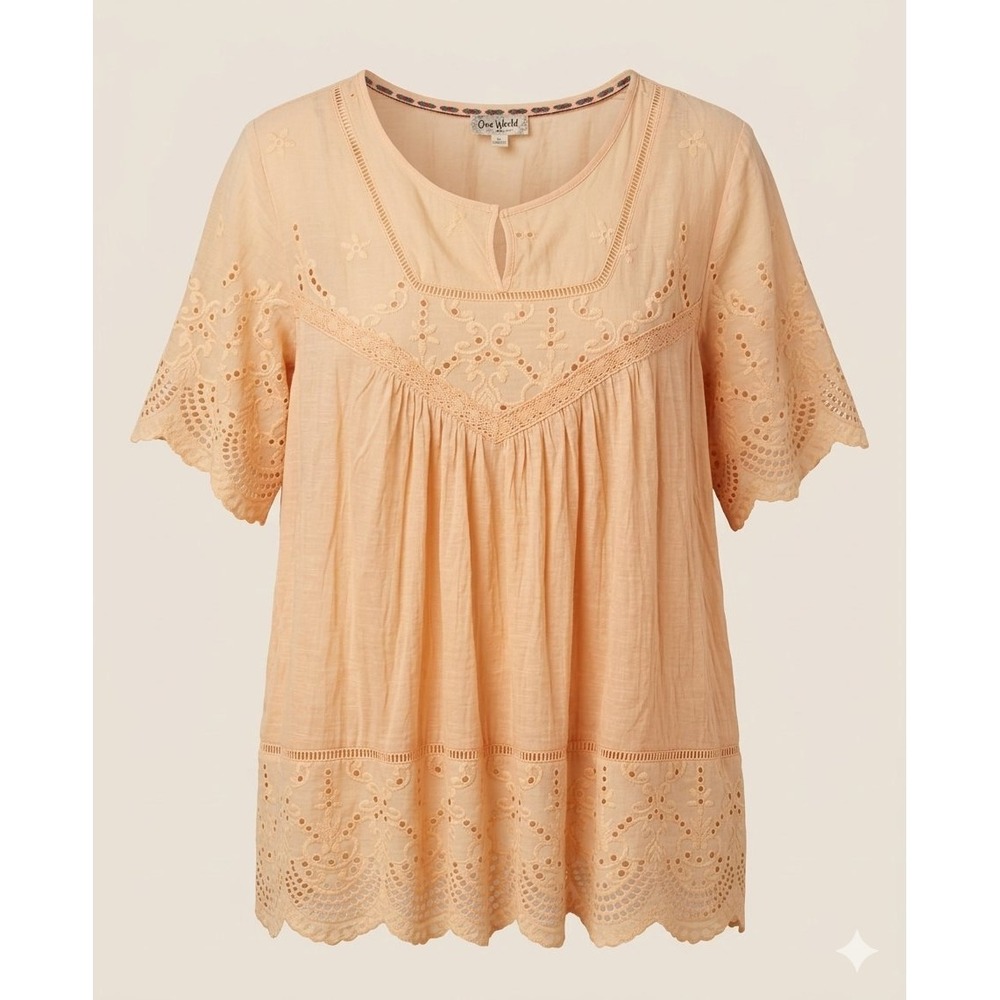 One World Pastel Orange Eyelet Lace Trim Peasant Top Large Boho Chic Cotton